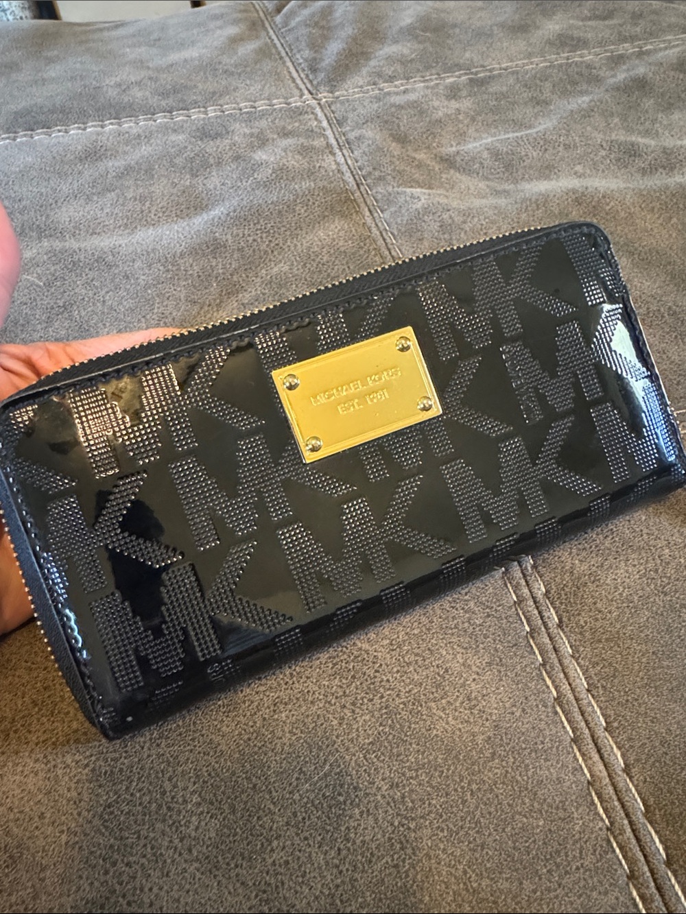 Michael Kors Black Patent MK Logo Zip Wallet with Gold Plaque